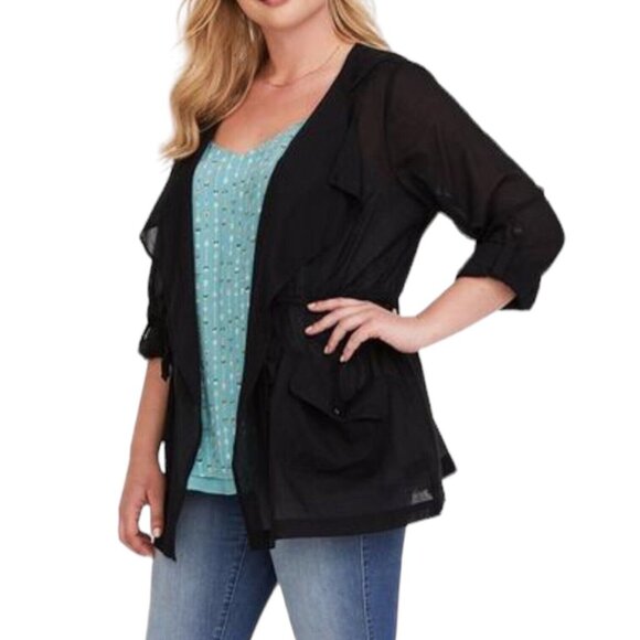 Torrid Black Voile Drape Front Jacket Women's Plus Size 4 4X Sheer Hooded Hood - Picture 3 of 16